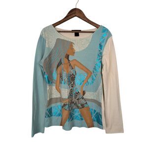 Custo Barcelona Top S Ivory Blue Metallic Woman Graphic Long Sleeve Y2K